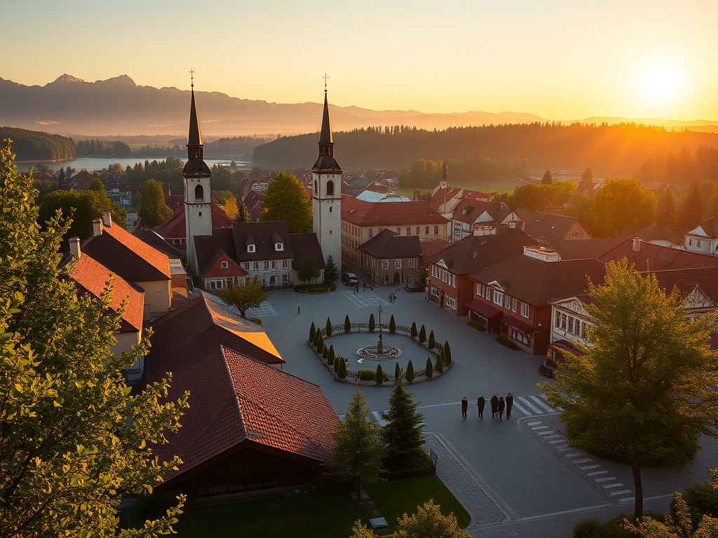 Widok na Park Zdrojowy w Jedlinie-Zdroju podczas wiosennego dnia, z kwitnącymi drzewami i eleganckimi budynkami uzdrowiskowymi.