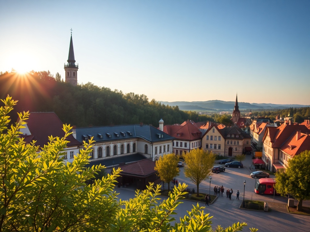 Widok na Park Zdrojowy w Jedlinie-Zdroju podczas słonecznej majówki z kwitnącą zielenią