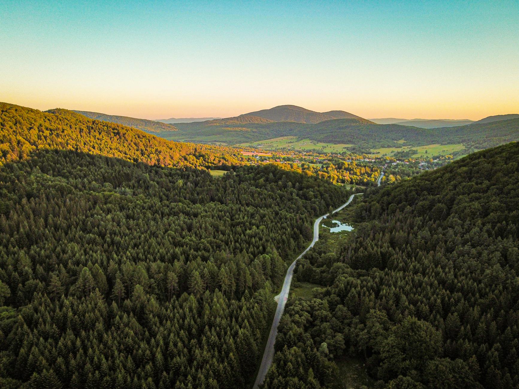 Malowniczy widok na uzdrowiskową architekturę Jedliny-Zdroju w otoczeniu gór i zieleni.